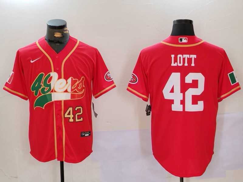 Mens San Francisco 49ers #42 Ronnie Lott Red With Patch Cool Base Stitched Baseball Jersey